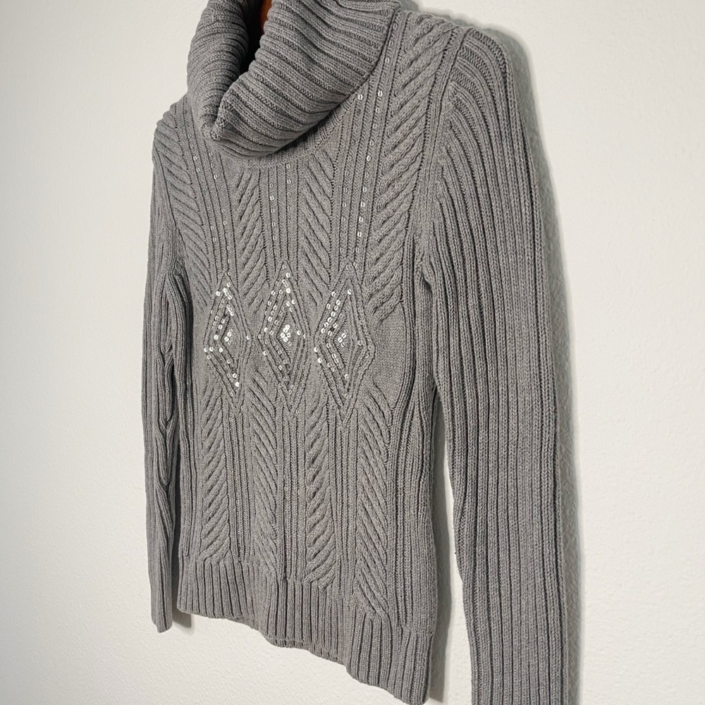 Talbots cowl neck wool blend sequins cable knit gray sweater - Picture 3 of 8